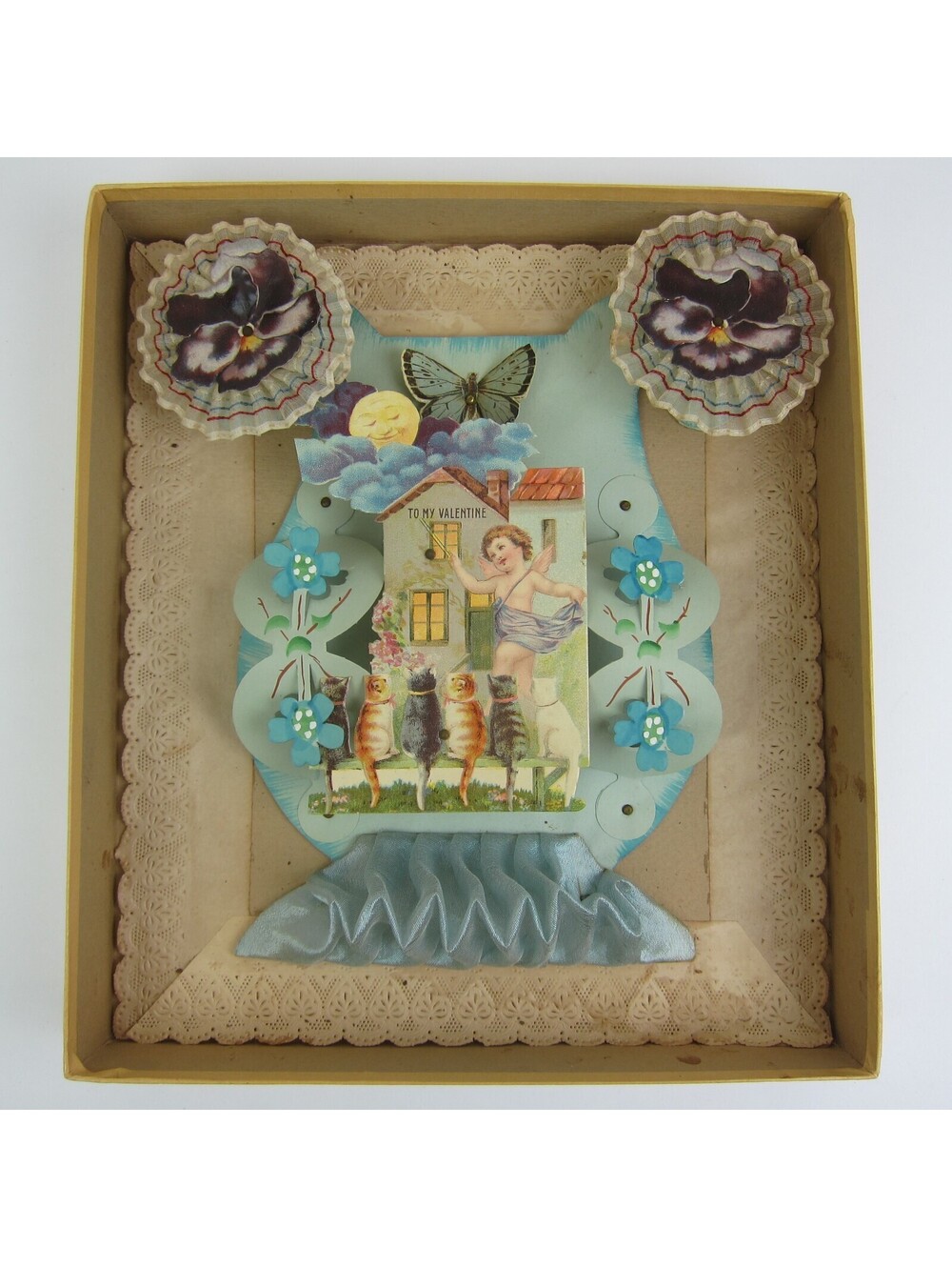 Antique Valentine 3D Cupid Cats Butterfly Moon Blue Fabric Large Store Box RARE